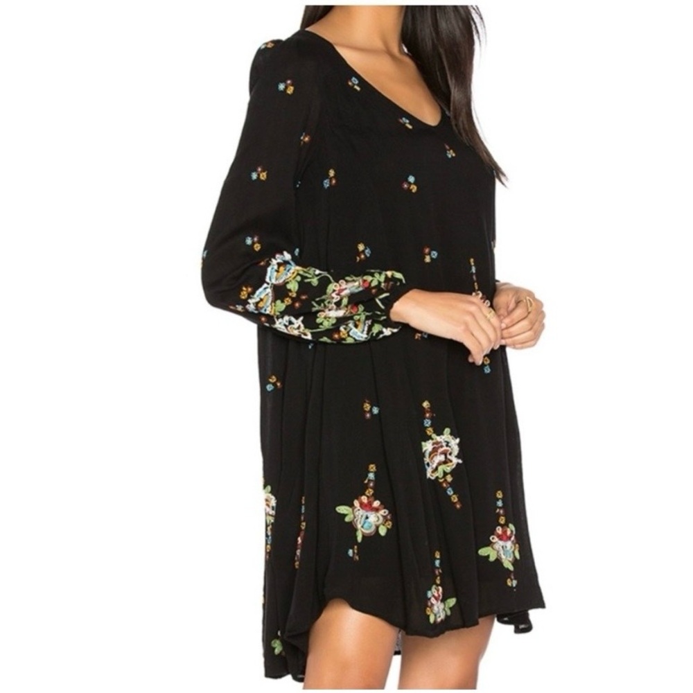 Free People Oxford Boho Mini Black Dress with Floral Accents size XS